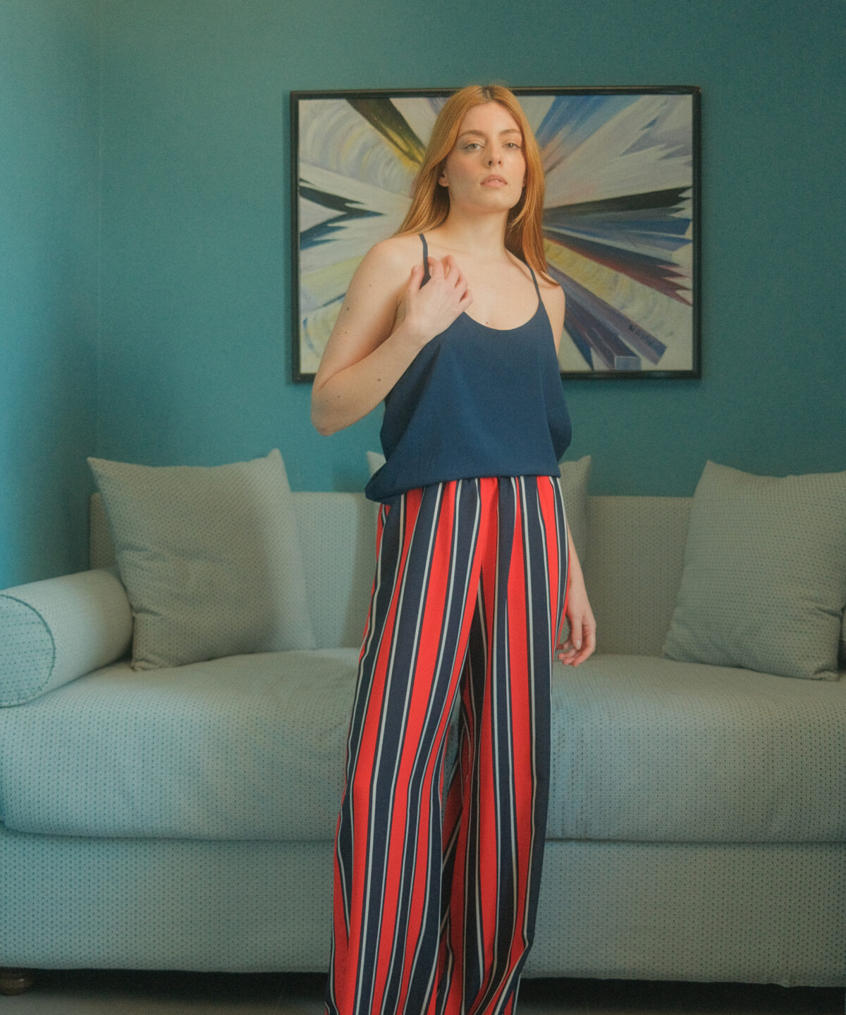 Pantaloni in Seta 100% Righe Blu, Bianche, Rosse