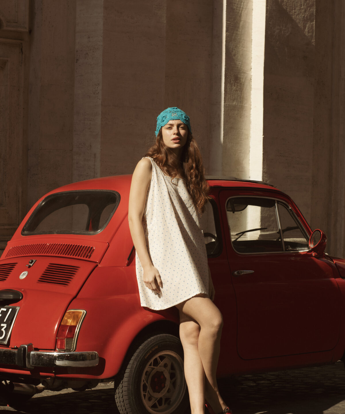 Abito Roma Anni 60 Crema e Pois blu e righini sottili marroni